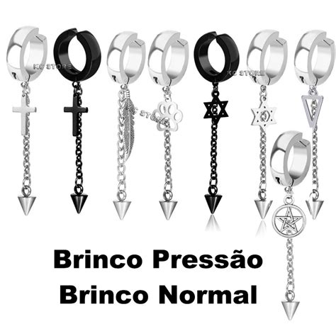 brinco masculino de pressão argola em aço inox penas estrela cruz