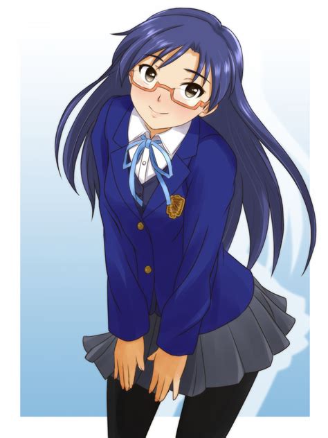 Safebooru Blue Hair Blush Brown Eyes Face Glasses Idolmaster Kisaragi Chihaya Long Hair Minato