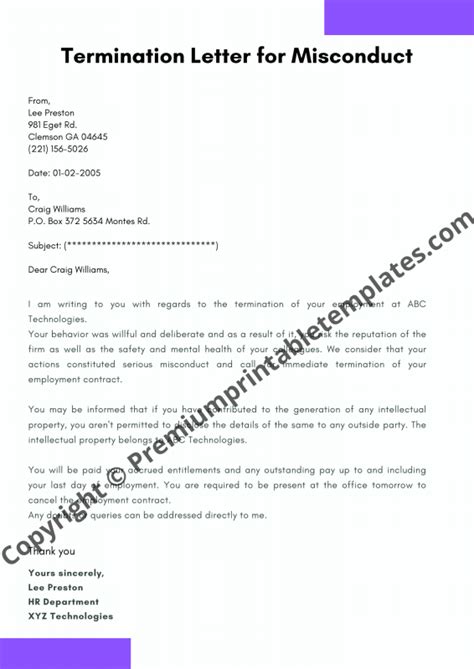 Termination Letter For Misconduct Printable Template Editable