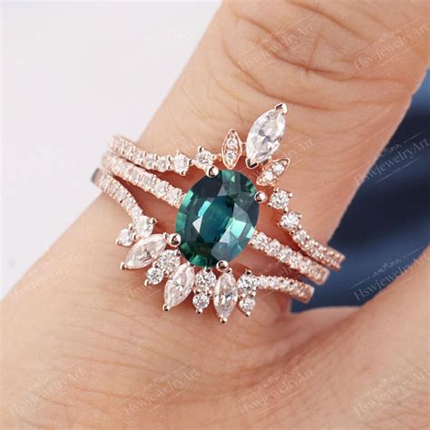 Teal Sapphire Engagement Ring Set Vintage Oval K Rose Gold Etsy