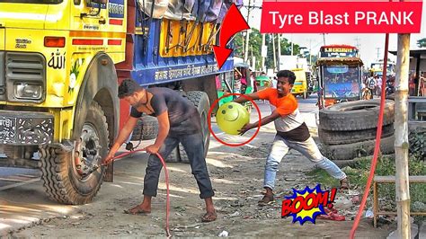 Tyre Blast Prank With Popping Balloons Crazy Reaction With Popping