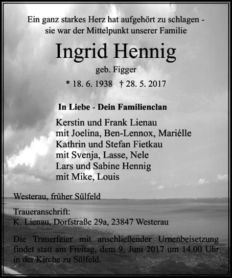 Traueranzeigen Von Ingrid Hennig Sh Z Trauer