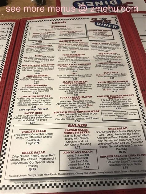 Menu at Shorty's Diner restaurant, Williamsburg