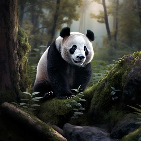 Um Urso Panda Rosto Preto E Branco E Um Tronco De Rvore Foto