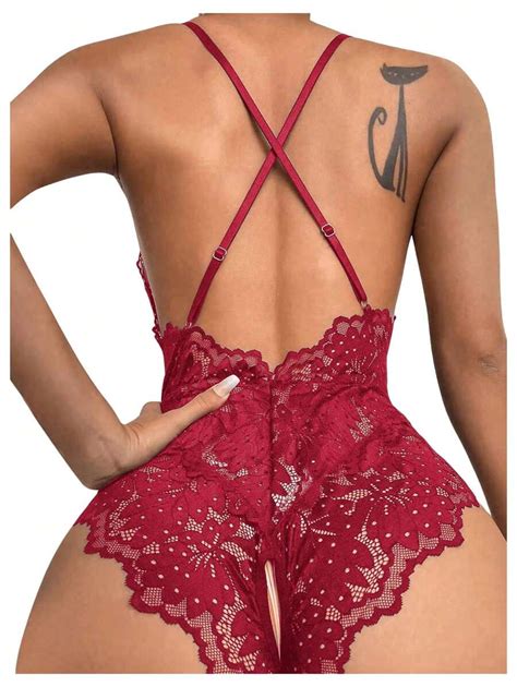 Open Crotch Bodysuits Backless Crisscross Lace Lingerie Sexy Hollow