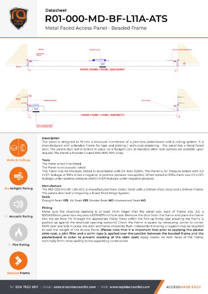 Datasheet Slim Fit Access Panel Non Fire Rated Airtight Beaded