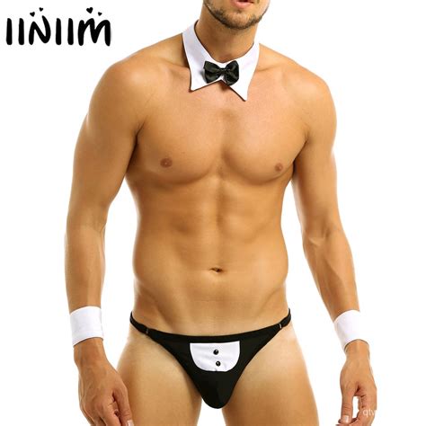 Jual Mens Male Waiter Lingerie Sexy Clubwear Bowknot Open Back Tuxedo Gay Sexy String Homme