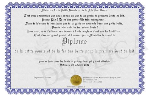 Diplome De La Petite Souris Et De La Fee Des Dents Pour La Premiere