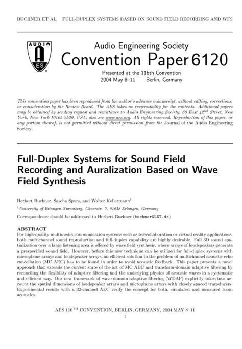 Aes E Library Full Duplex Systems For Sound Field Recording And