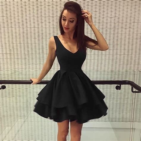 Cute Black A Line V Neck Short Prom Dress Black Homecoming Dress In