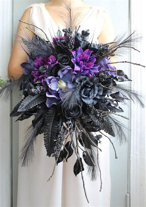 Purple Black Bouquet Gothic Wedding Bouquet Moody Bouquet Cascading