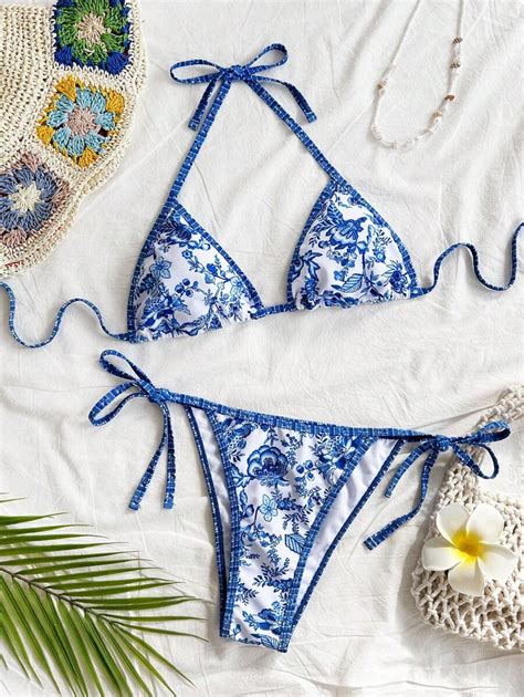 Shein Wywh Pcs Women S Vacation Blue And White National Style Positioning Floral Print Bikini