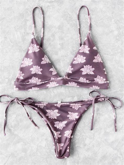 Lotus Flower Print Side Tie Triangle Bikini Set SheIn Sheinside