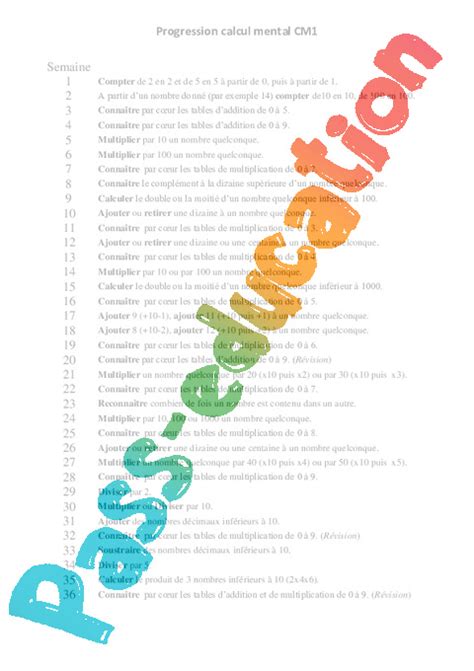 Progression Calcul Mental Cm Pdf Imprimer