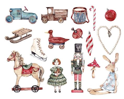 Watercolor Clipart Winter Christmas Toys Vintage Cozy Clip Art Nutcracker Christmas Tree ...