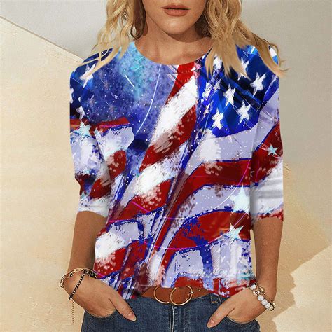 Purjkpu Plus Size 34 Sleeve Tops For Women Independence Day 4th Of July Shirts Casual American