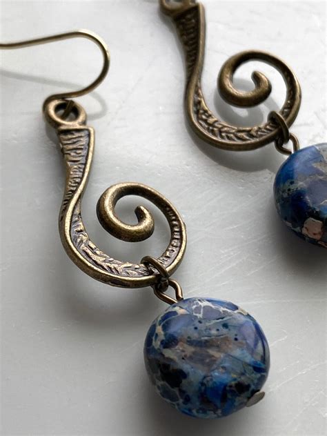 Blue Imperial Jasper Gemstone With Antique Bronze Swirl Beaded Earrings