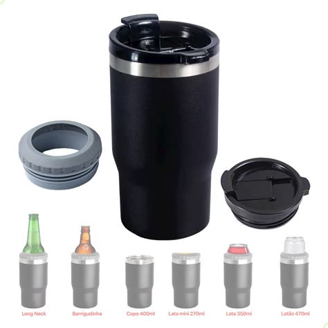 Copo Térmico Inox 6 em 1 2 Tampas 500ml PRETO Porta Latas e Garrafas