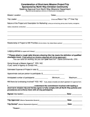 Fillable Online Northway Short Term Mission Trip Approval Formdoc