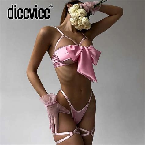 Diccvicc Satin Bow Lingerie Woman Beautiful Naked Photo Girl Underwear Sexy Lace Bra Brief Set