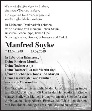 Traueranzeigen von Manfred Soyke Märkische Onlinezeitung Trauerportal