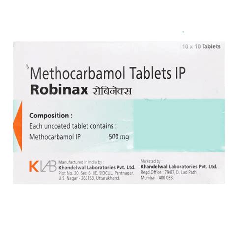 Klab Robinax Methocarbamol Tablets Ip 500mg 10 X 10 Tablets Silverline Pharmacy