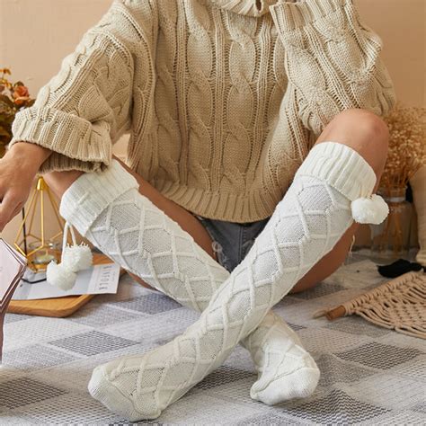 Knitted Thigh High Socks Cable Knit Over The Knee Socks Warm Long