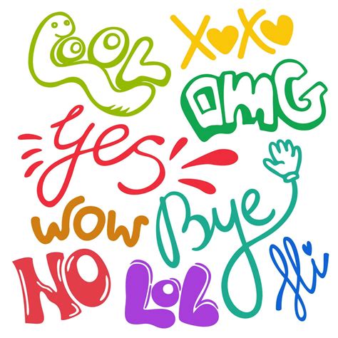 Hand drawn colorful set of short phrases. Online chat stickers with different expressions ...