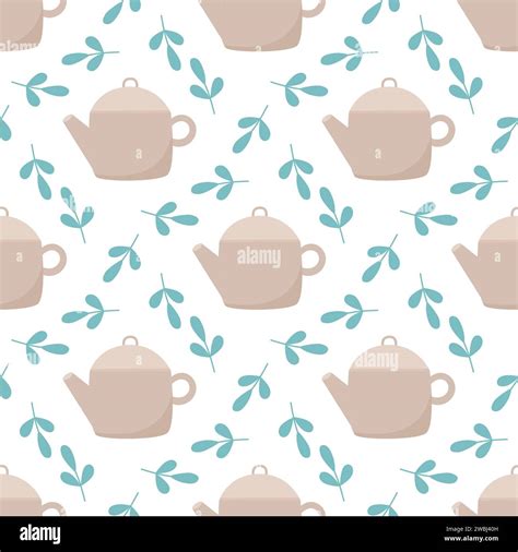 Teapots And Tea Leaves Seamless Pattern Tea Party Background Tea