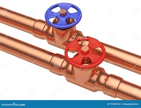 Blue And Red Valves On Copper Pipes Diagonal View Stock Illustration