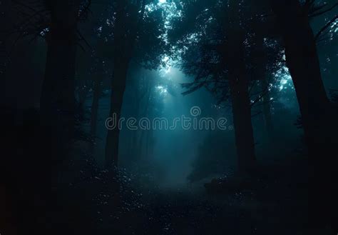 Eerie Night Forest Path with Fog and Light Stock Illustration ...