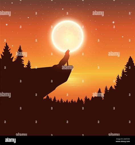 Wolf Howls To The Full Moon In A Starry Night By Lake Vector