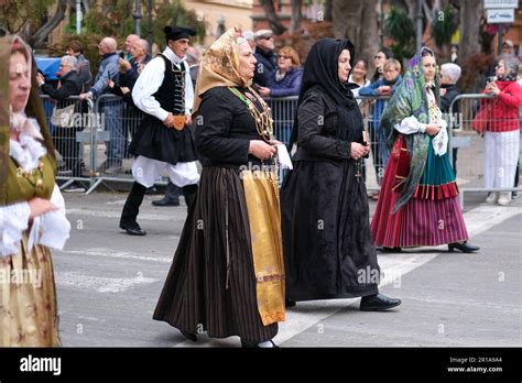 Sardinian Women Dressed In Folk Traditional Costumes With Unique