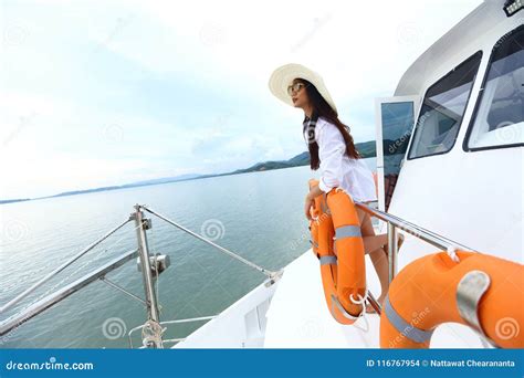 Asian Mix Race Tanned Skin Woman Bikini Hat Short Jean Stand On Stock Photo Image Of Pier