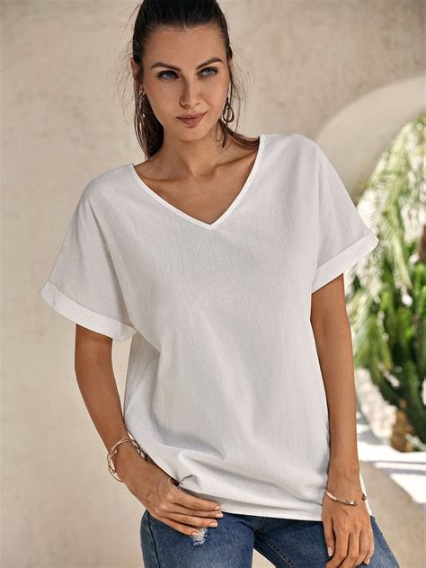 V Neck Casual Plain Summer Loose Short Sleeve White Linen Top Roselinlin