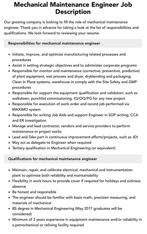 Mechanical Maintenance Engineer Job Description Velvet Jobs