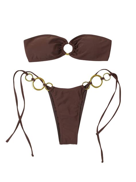 GORGLITTER Women S Strapless Bikini Set String High Cut Thong Ring Linked Bandeau Swimsuits