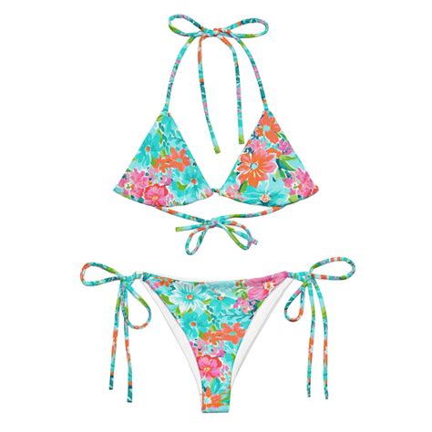 Tropical Floral Bikini Teal Orange Pink Flower Print String Bikini Set Womens Swimwear With Sun