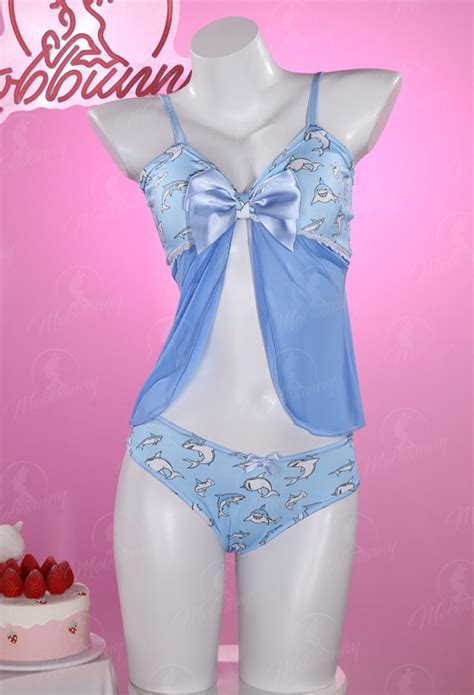 Women Costume Blue Shark Pattern Sleepwear With Bowknot Sexy Lingerie Underwear Mesh Top And