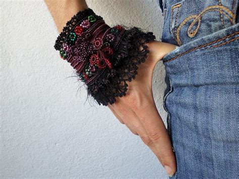 Freeform Crochet Cuff Asclepias Incarnata Bracelet With Burgundy