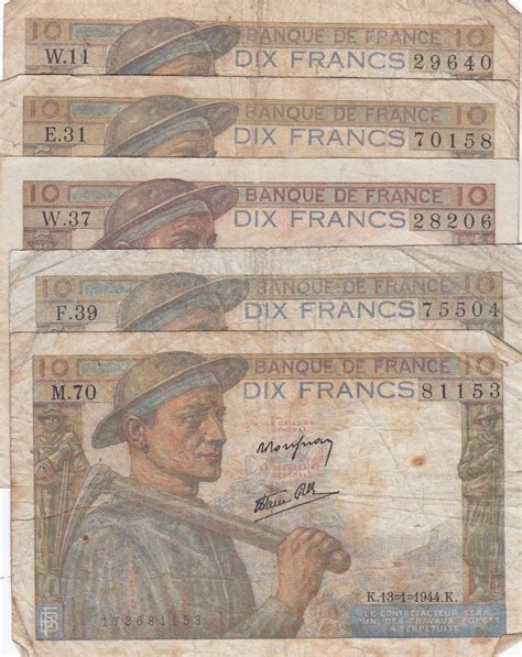 Billet France Lot 5 x10 Francs Mineur dates différentes 1942 à 1944