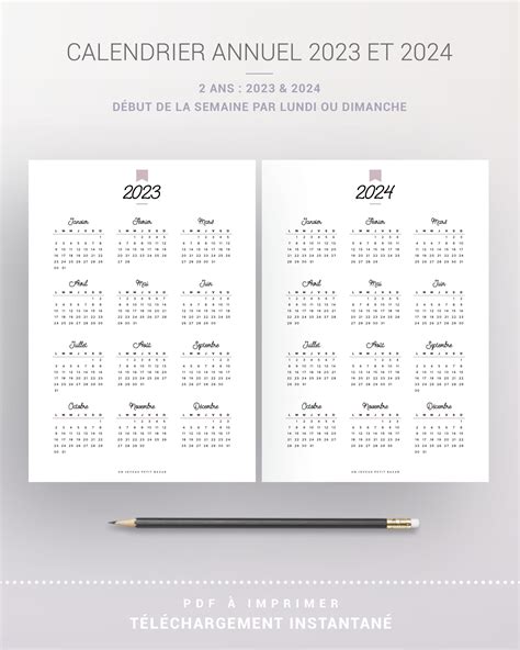 Calendrier Annuel 2023 Et 2024 Imprimable Recharge 224 Imprimer Etsy