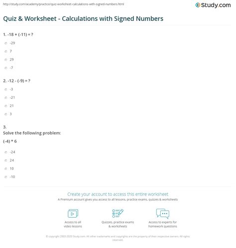 Signed Numbers Worksheet