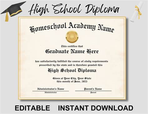 Homeschool High School Diploma Editable Certificate Homeschool