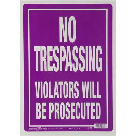 Hillman Group 843475 10 X 14 In Purple No Trespassing Violators Will