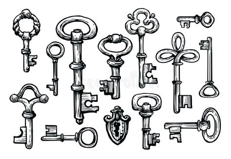 Keys Set Sketch Hand Drawn Vintage Sketch Vector Illustration Stock