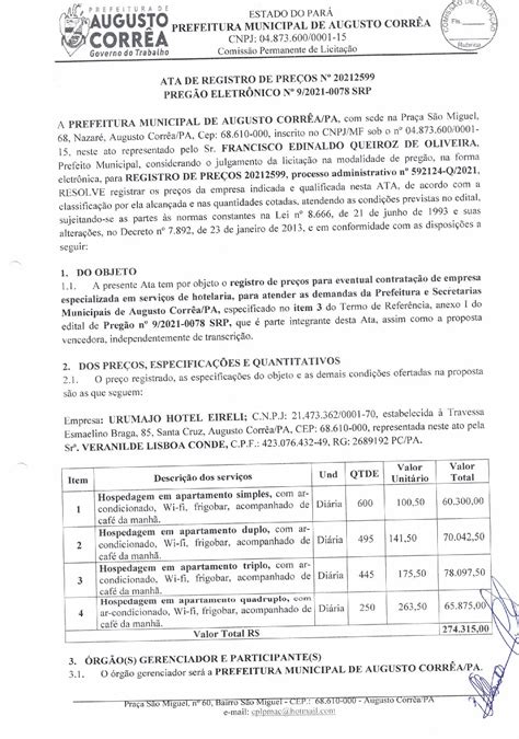 ATA DE REGISTRO DE PREÇOS ASS Prefeitura Municipal de Augusto Corrêa