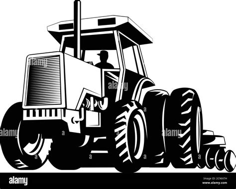 Retro style illustration of farm tractor pulling a plow or plough while ...