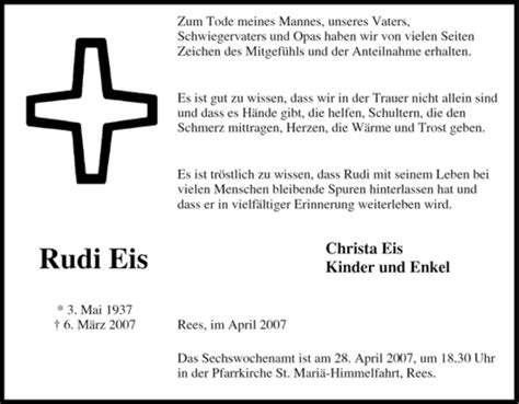 Traueranzeigen Von Rudi Eis Trauer In Nrw De