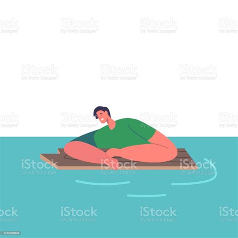 Exhausted Male Character Swimming In Sea After Shipwreck Man Trying To